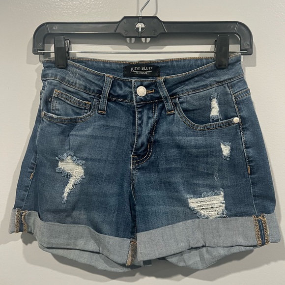 Judy Blue Medium Wash Two Button Distressed Dad Shorts